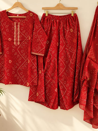 Cotton 60×60 Short Kurta with Extra-Wide Palazzo & Malmal Dupatta Set