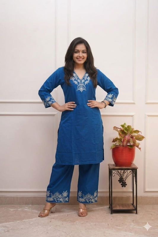 Cotton 60/60 Zari Work Kurta Pant Set