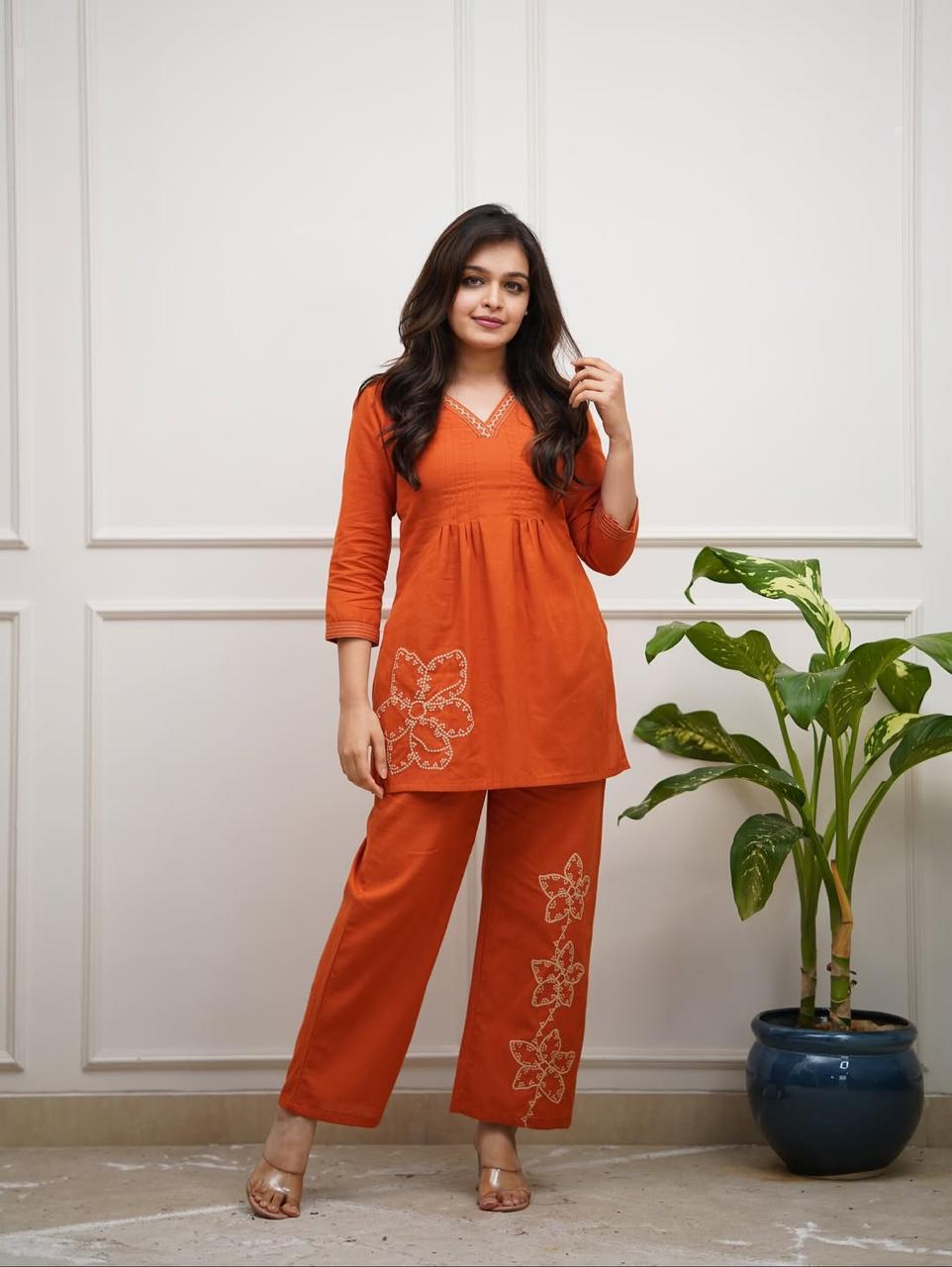Cotton 60x60 Embroidered Co-Ord Set for Women