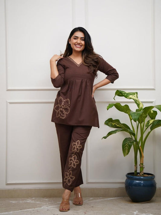 Cotton 60x60 Embroidered Co-Ord Set for Women