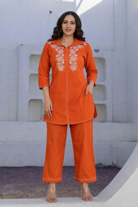 Cotton 60x60 Embroidered Co-Ord Set with Pant Pocket