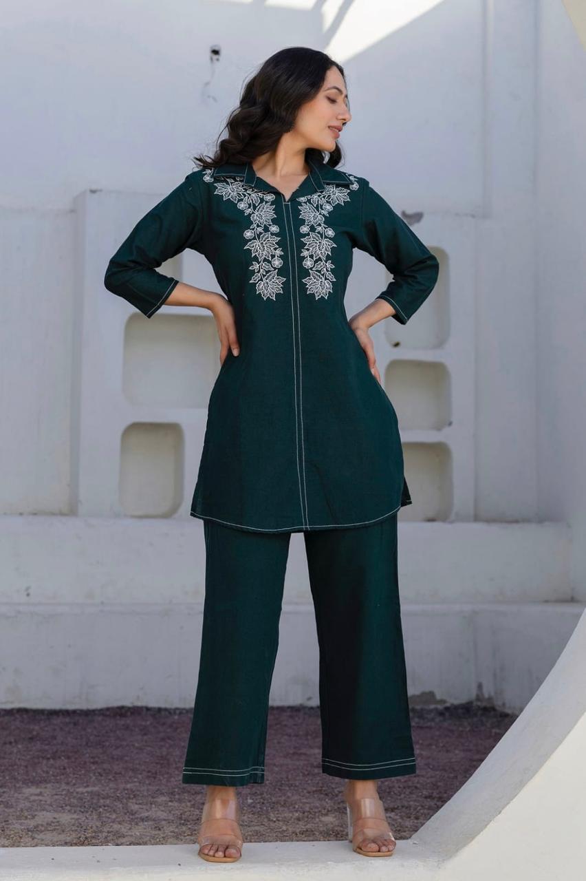 Cotton 60x60 Embroidered Co-Ord Set with Pant Pocket