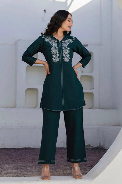 Cotton 60x60 Embroidered Co-Ord Set with Pant Pocket