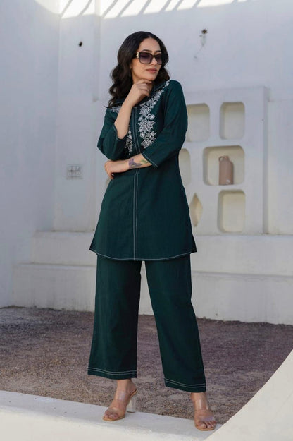 Cotton 60x60 Embroidered Co-Ord Set with Pant Pocket