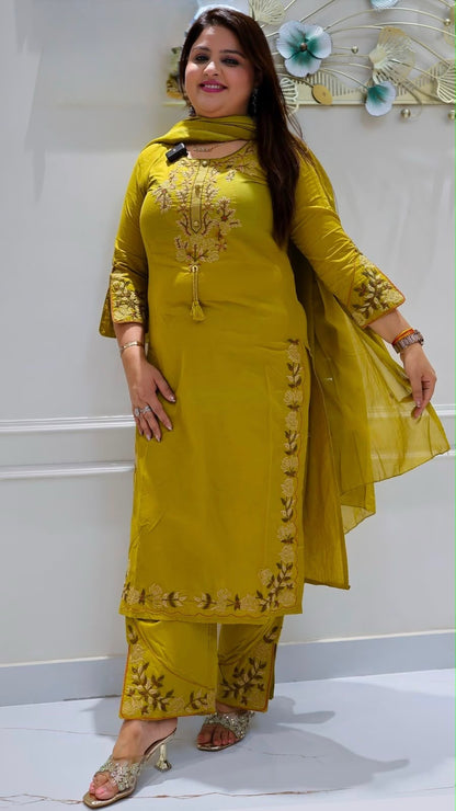 Cotton 60x60 Embroidered Kurti Pant & Dupatta Set