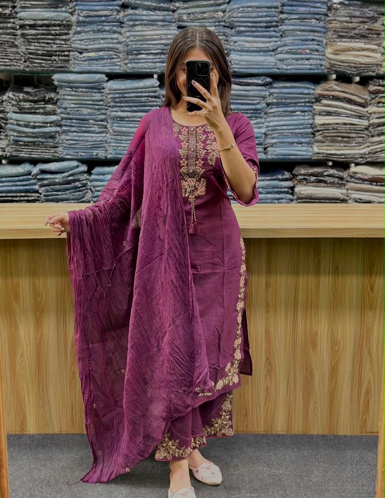 Cotton 60x60 Embroidered Kurti Pant & Dupatta Set