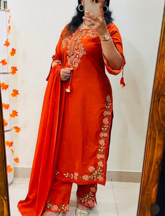 Cotton 60x60 Embroidered Kurti Pant & Dupatta Set