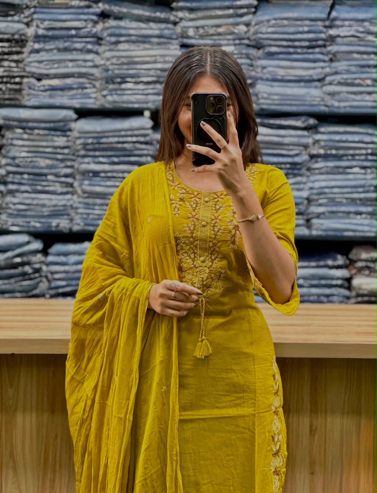 Cotton 60x60 Embroidered Kurti Pant & Dupatta Set