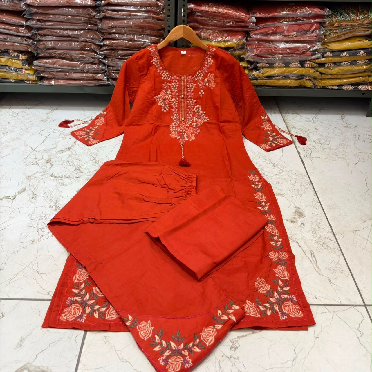 Cotton 60x60 Embroidered Kurti Pant & Dupatta Set