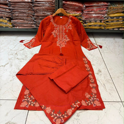 Cotton 60x60 Embroidered Kurti Pant & Dupatta Set