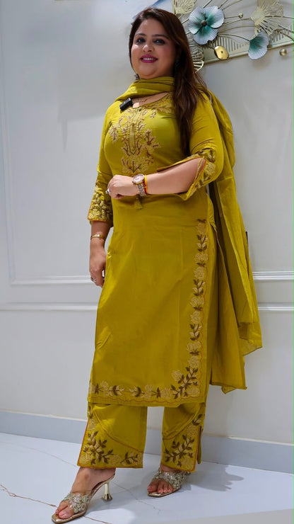Cotton 60x60 Embroidered Kurti Pant & Dupatta Set