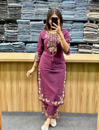 Cotton 60x60 Embroidered Kurti Pant & Dupatta Set
