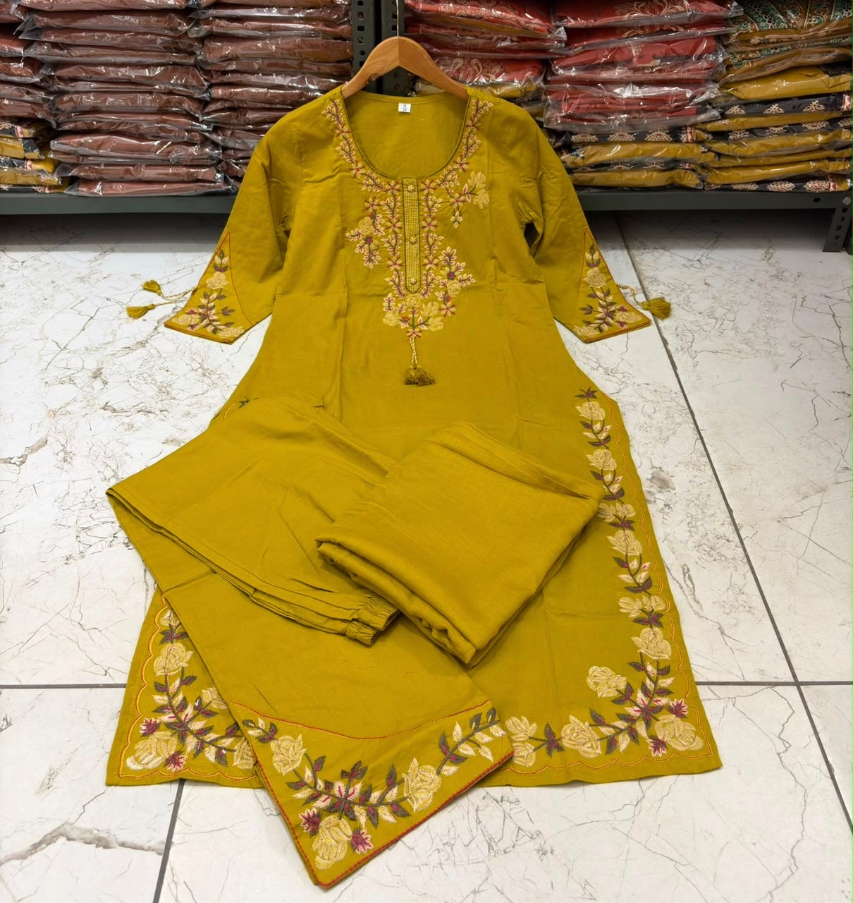 Cotton 60x60 Embroidered Kurti Pant & Dupatta Set