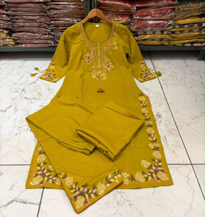 Cotton 60x60 Embroidered Kurti Pant & Dupatta Set