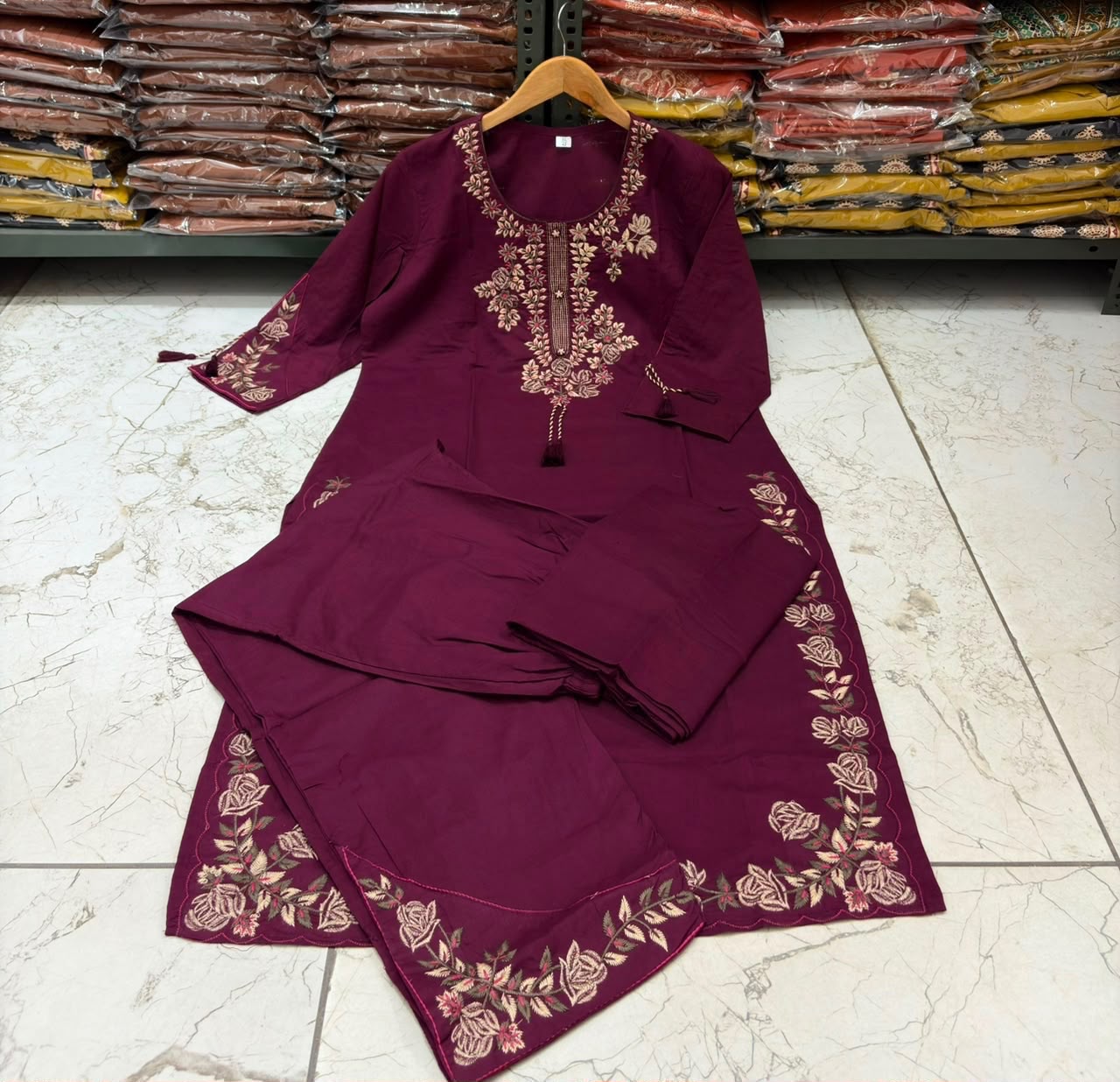 Cotton 60x60 Embroidered Kurti Pant & Dupatta Set