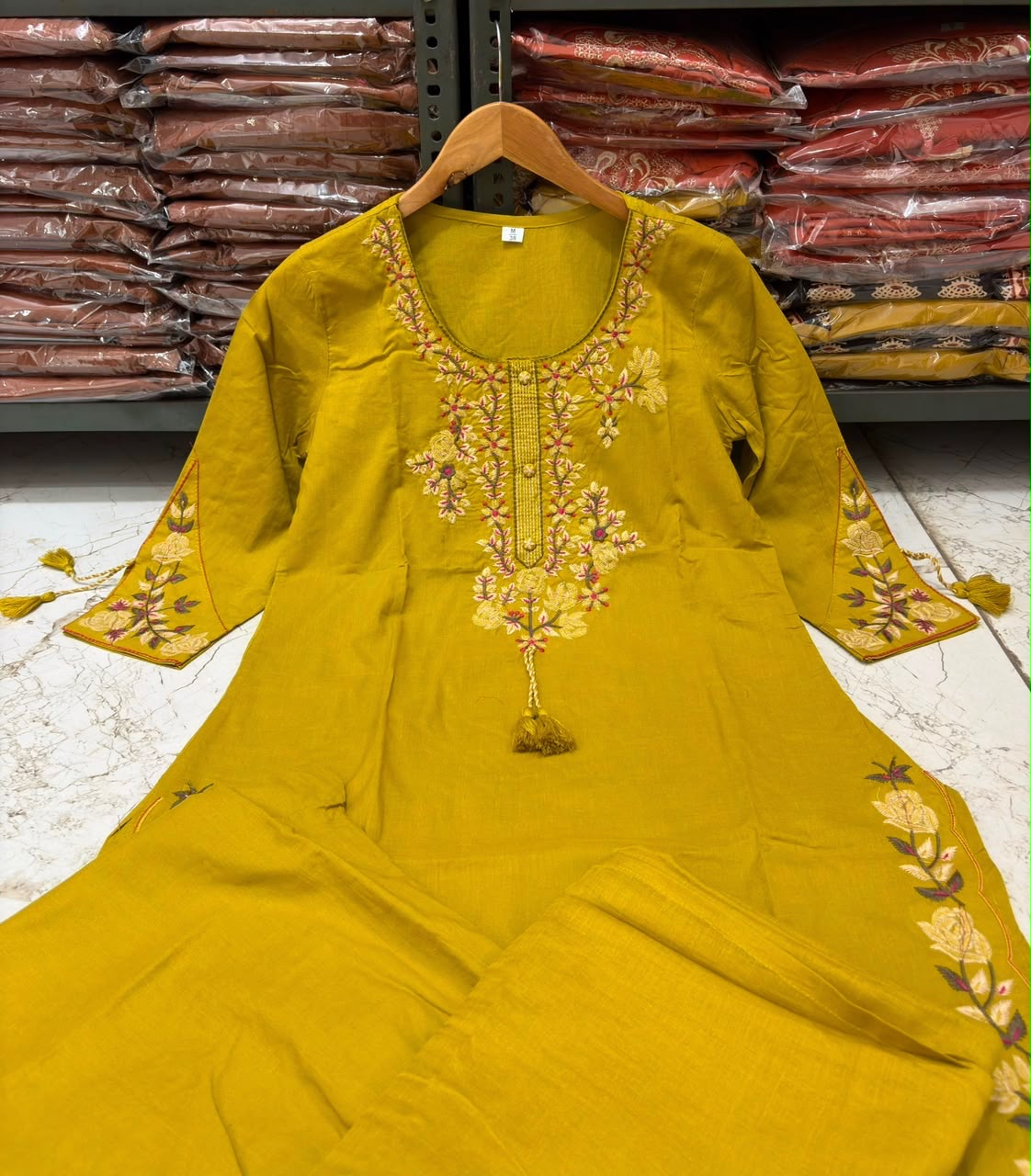 Cotton 60x60 Embroidered Kurti Pant & Dupatta Set