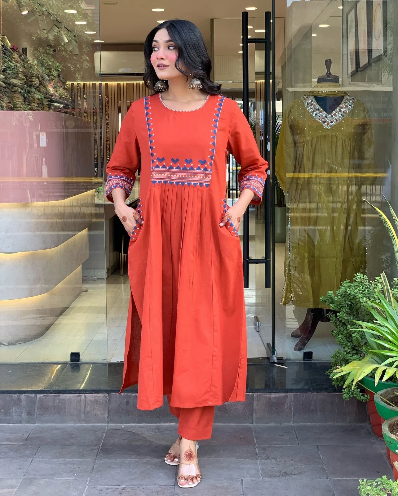 Cotton 60x60 Embroidered Kurti Pant Set with Pockets