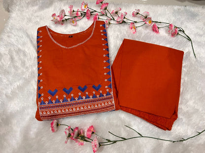 Cotton 60x60 Embroidered Kurti Pant Set with Pockets