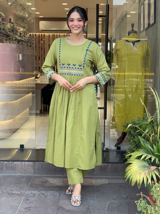 Cotton 60x60 Embroidered Kurti Pant Set with Pockets