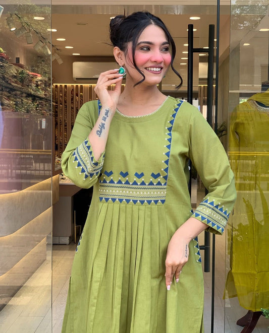 Cotton 60x60 Embroidered Kurti Pant Set with Pockets