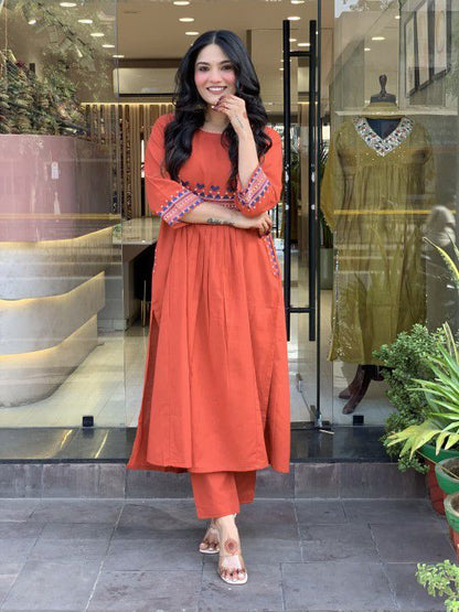 Cotton 60x60 Embroidered Kurti Pant Set with Pockets