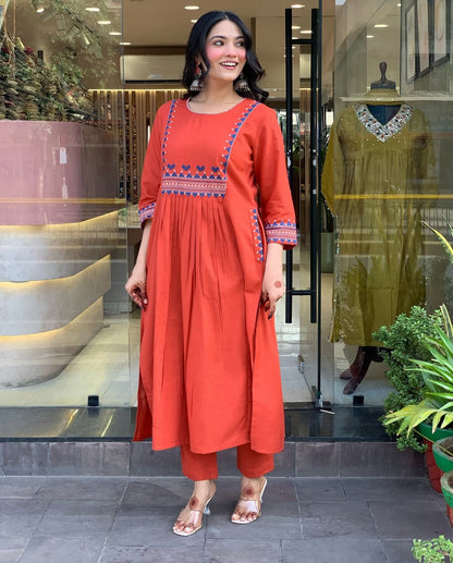 Cotton 60x60 Embroidered Kurti Pant Set with Pockets