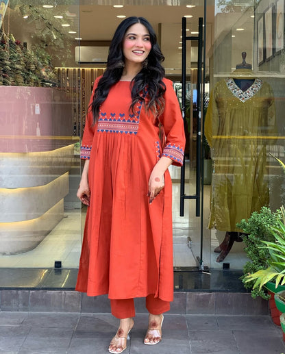 Cotton 60x60 Embroidered Kurti Pant Set with Pockets