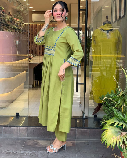 Cotton 60x60 Embroidered Kurti Pant Set with Pockets