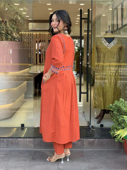 Cotton 60x60 Embroidered Kurti Pant Set with Pockets
