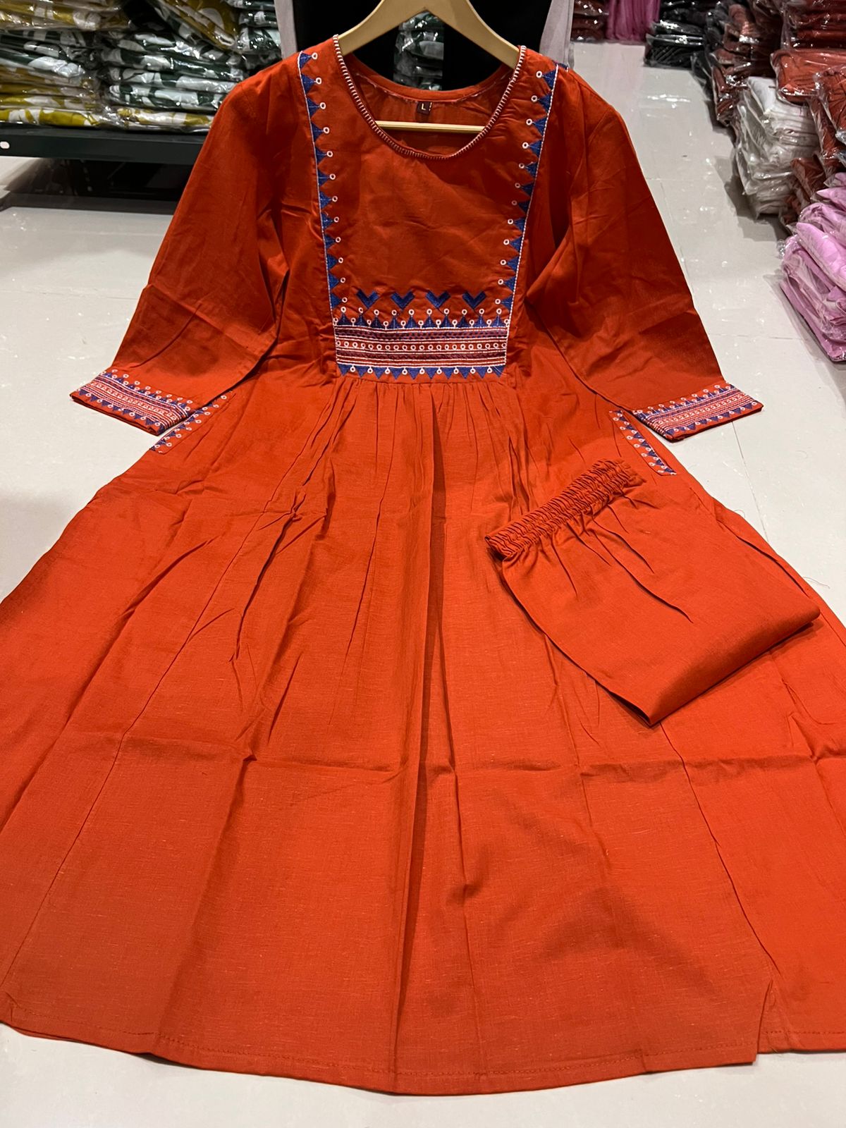 Cotton 60x60 Embroidered Kurti Pant Set with Pockets