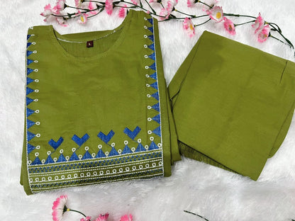 Cotton 60x60 Embroidered Kurti Pant Set with Pockets