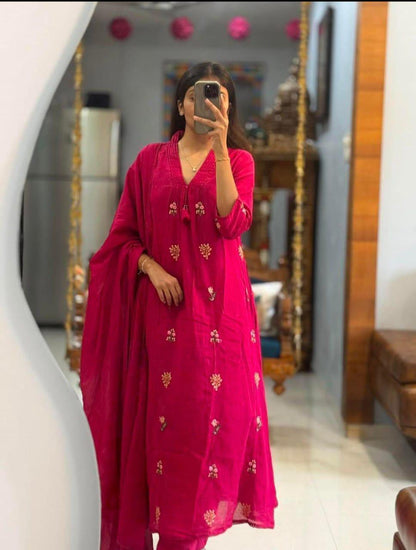 Cotton 60x60 Embroidered Kurti Pant with Dupatta Set