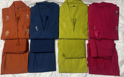 Cotton 60x60 Embroidered Kurti Pant with Dupatta Set