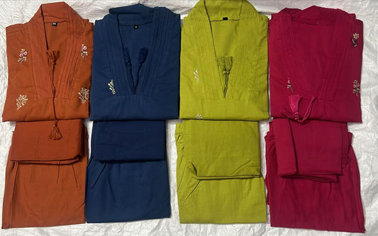 Cotton 60x60 Embroidered Kurti Pant with Dupatta Set