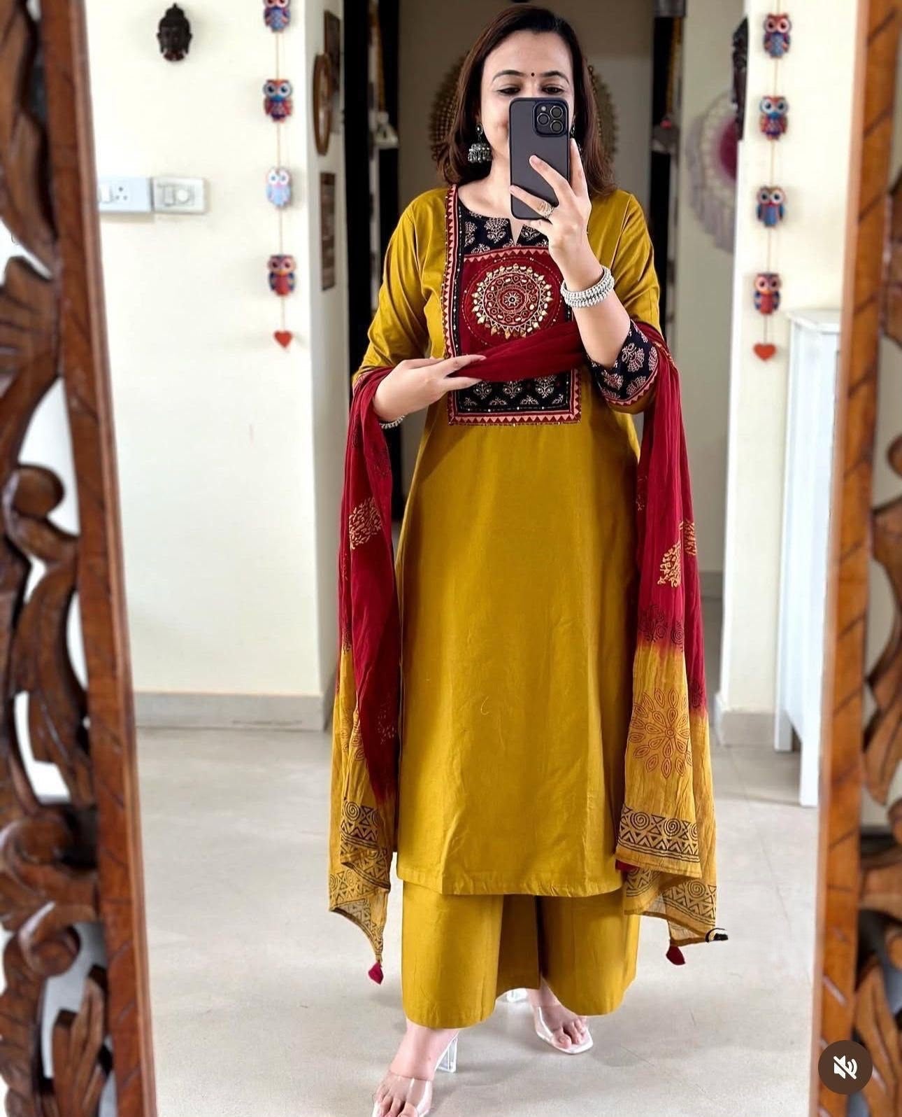 Cotton 60x60 Embroidered Kurti Set with Pant & Tie-Dye Mal Mal Dupatta