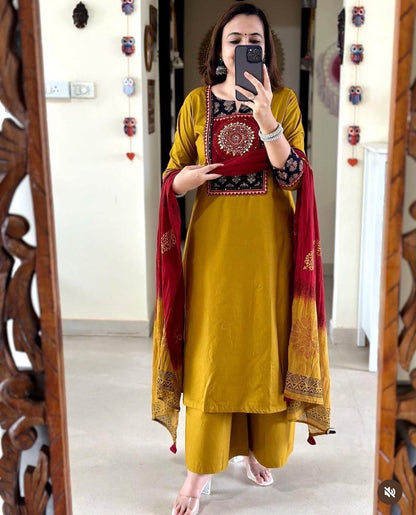 Cotton 60x60 Embroidered Kurti Set with Pant & Tie-Dye Mal Mal Dupatta