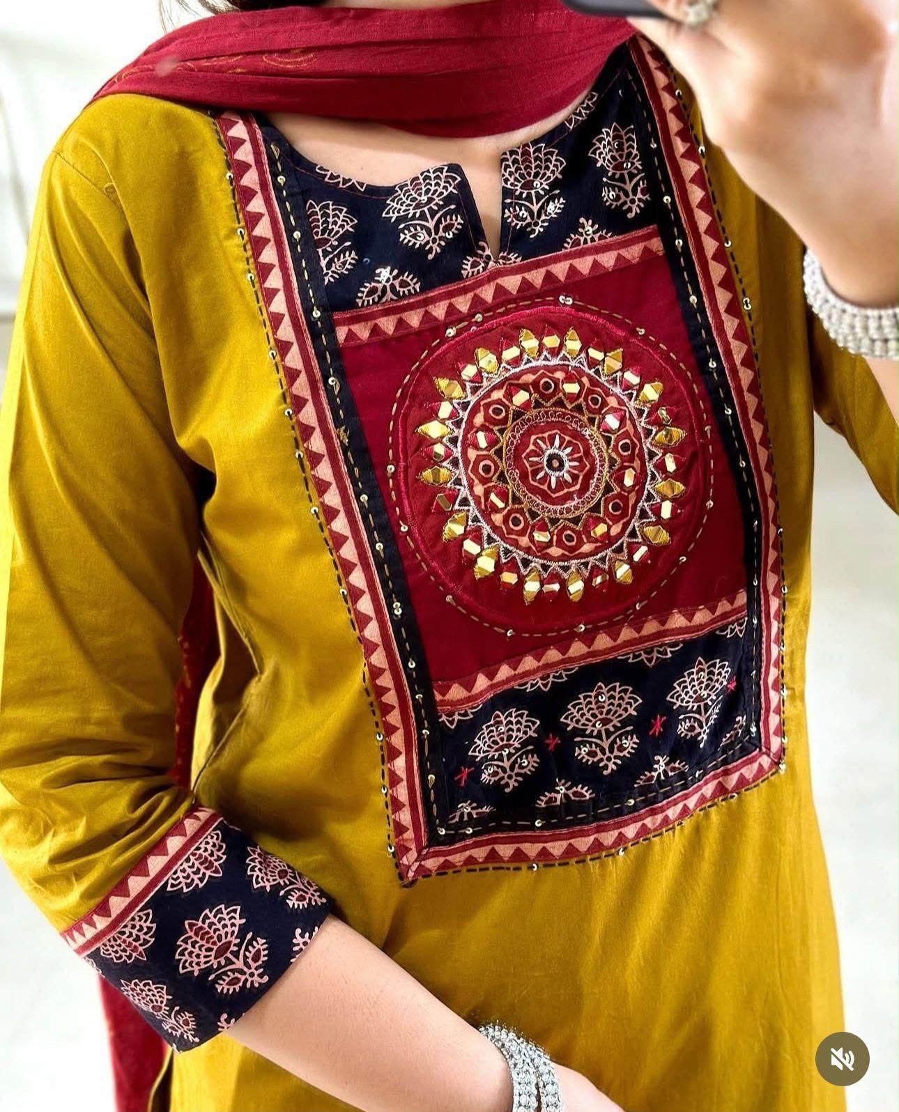Cotton 60x60 Embroidered Kurti Set with Pant & Tie-Dye Mal Mal Dupatta