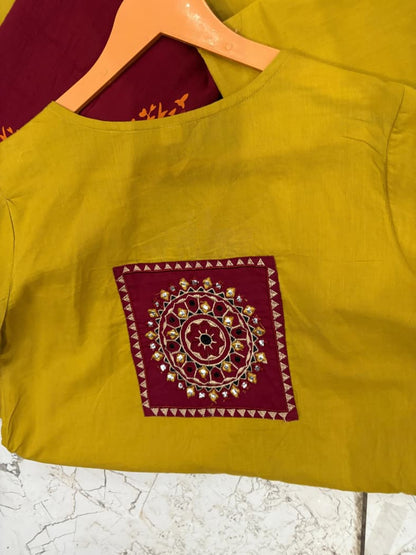 Cotton 60x60 Embroidered Kurti Set with Pant & Tie-Dye Mal Mal Dupatta