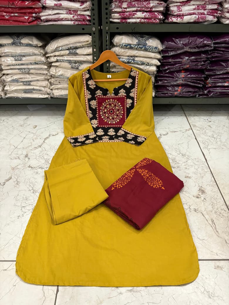 Cotton 60x60 Embroidered Kurti Set with Pant & Tie-Dye Mal Mal Dupatta