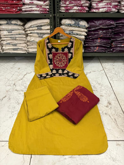 Cotton 60x60 Embroidered Kurti Set with Pant & Tie-Dye Mal Mal Dupatta