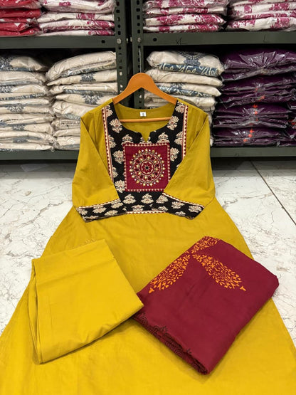 Cotton 60x60 Embroidered Kurti Set with Pant & Tie-Dye Mal Mal Dupatta