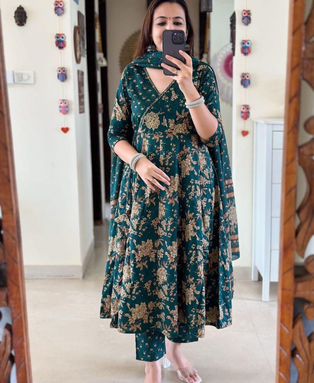 Cotton 60x60 Procin Print Angrakha Anarkali Kurti Set with Pant & Malmal Dupatta – Cotton Suit for Women