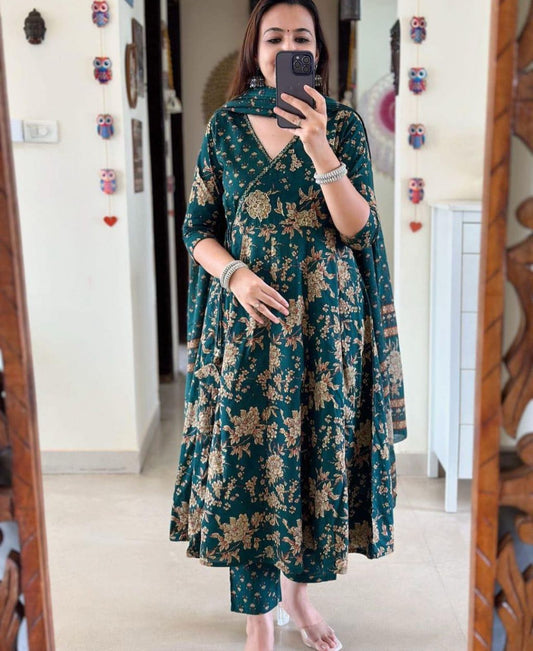 Cotton 60x60 Procin Print Angrakha Anarkali Kurti Set with Pant & Malmal Dupatta – Cotton Suit for Women