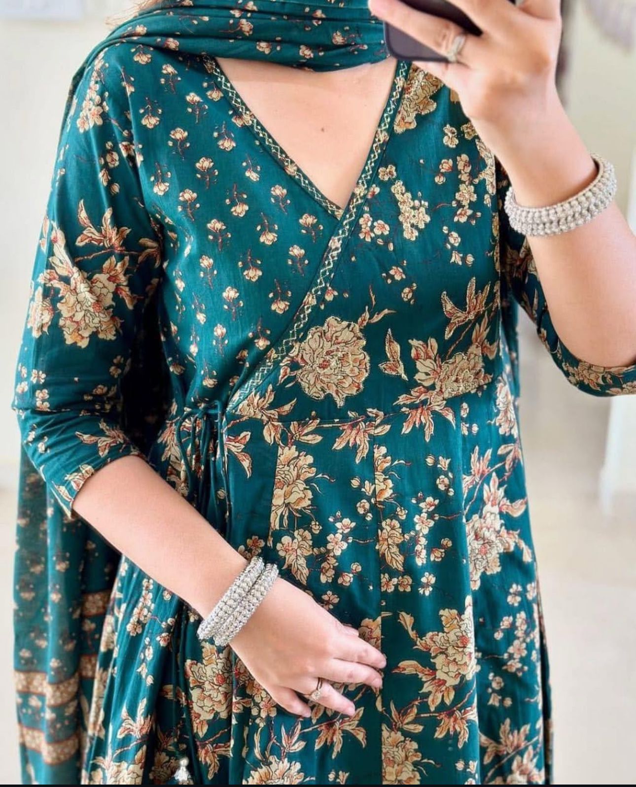 Cotton 60x60 Procin Print Angrakha Anarkali Kurti Set with Pant & Malmal Dupatta – Cotton Suit for Women