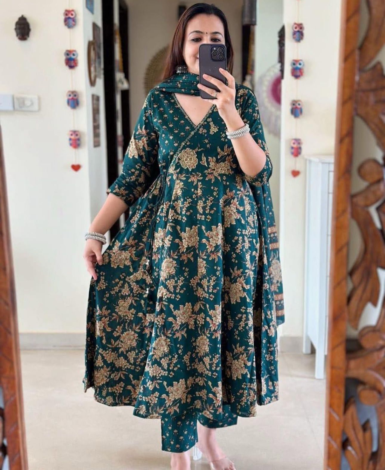 Cotton 60x60 Procin Print Angrakha Anarkali Kurti Set with Pant & Malmal Dupatta – Cotton Suit for Women