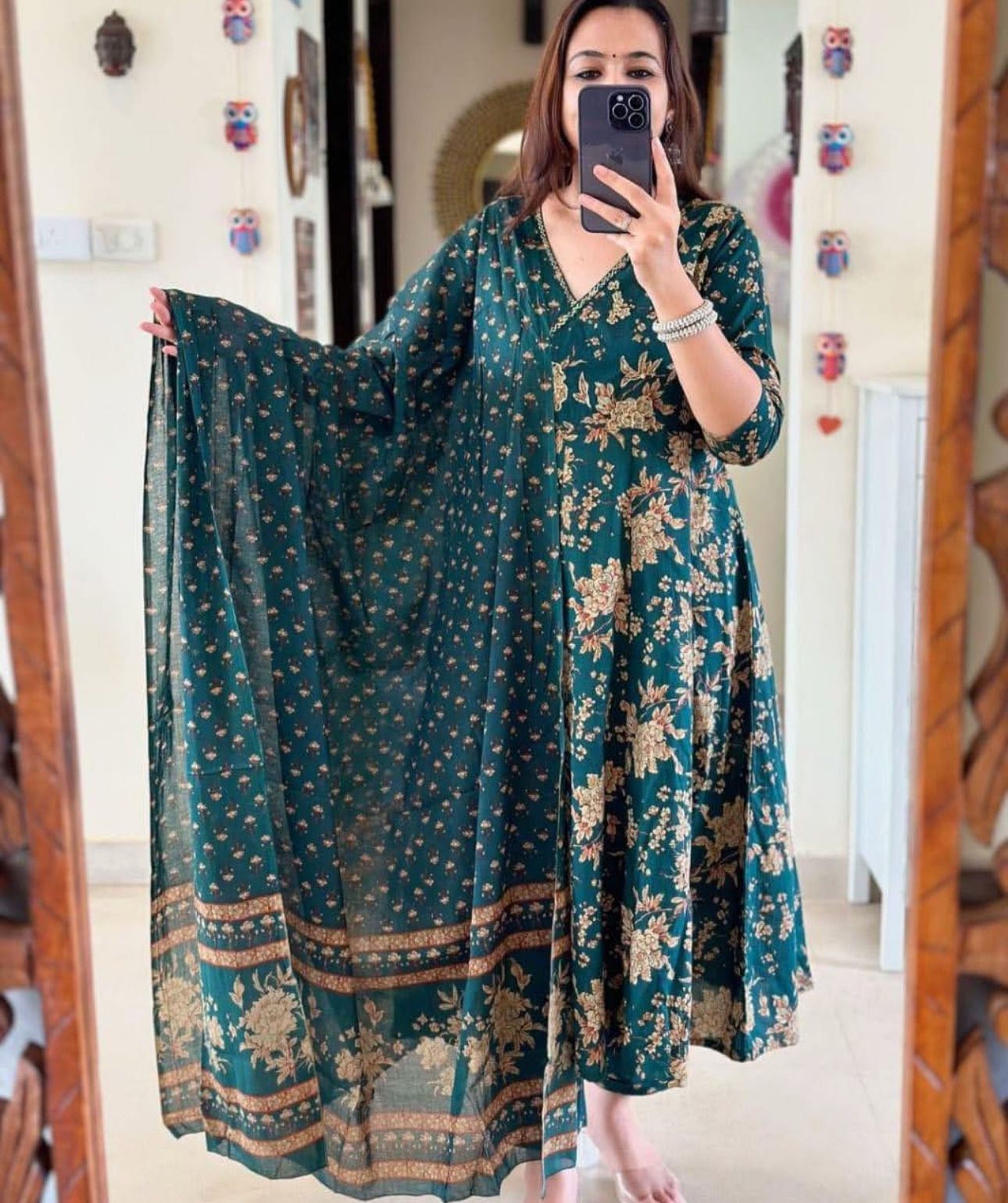 Cotton 60x60 Procin Print Angrakha Anarkali Kurti Set with Pant & Malmal Dupatta – Cotton Suit for Women