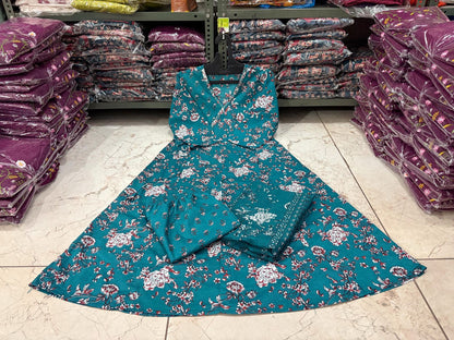 Cotton 60x60 Procin Print Angrakha Anarkali Kurti Set with Pant & Malmal Dupatta – Cotton Suit for Women