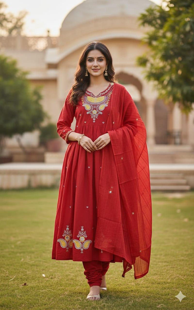 Cotton 60x60 Thread Work Kurta Set with Embroidered Dupatta