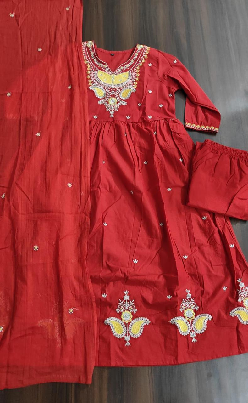 Cotton 60x60 Thread Work Kurta Set with Embroidered Dupatta