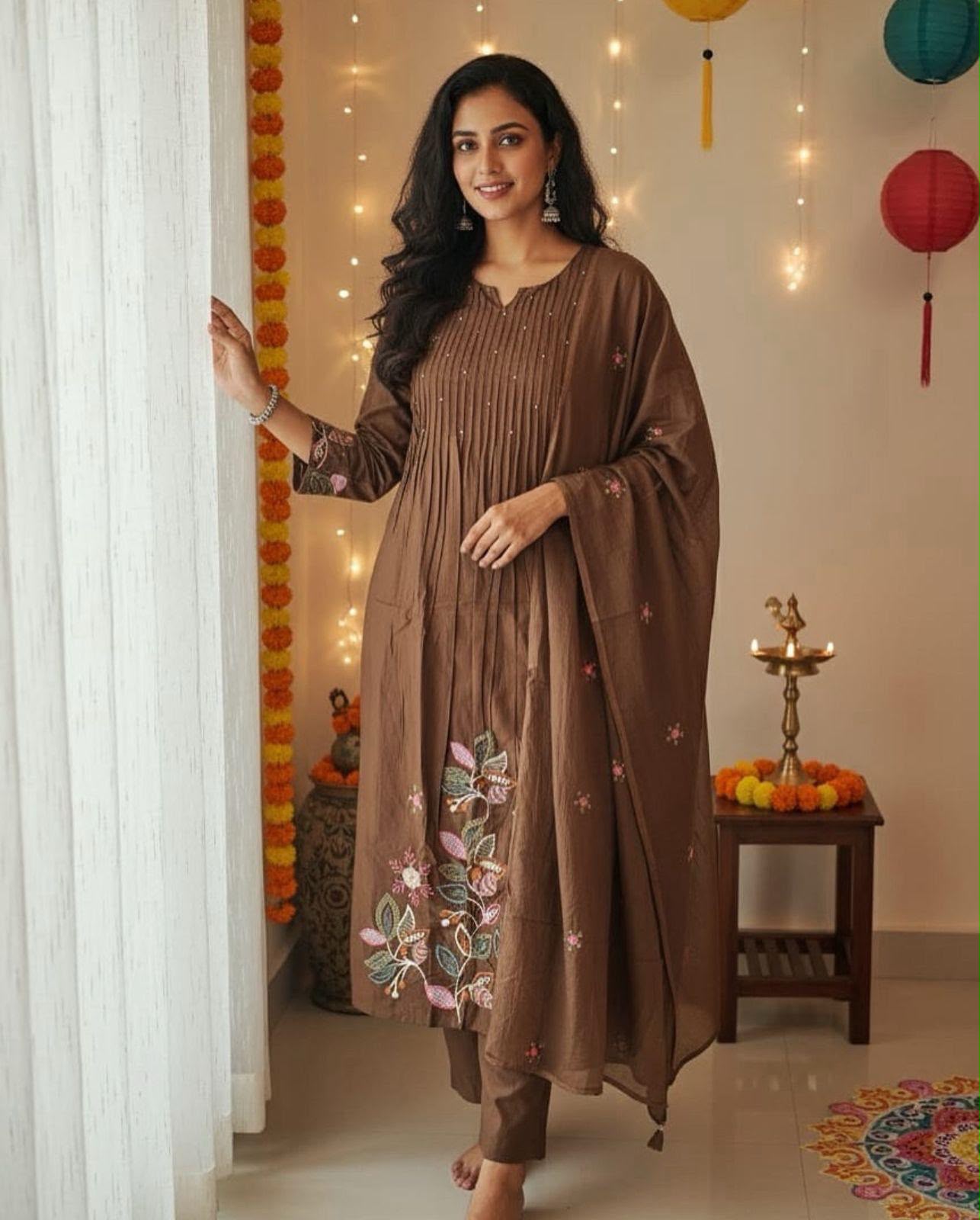 Cotton A-Line Embroidered Suit Set with Pintex Kurta & Dupatta